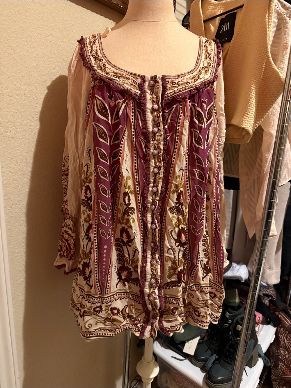 FARM Rio Plum and Cream Embroidered Peasant Blouse/dress